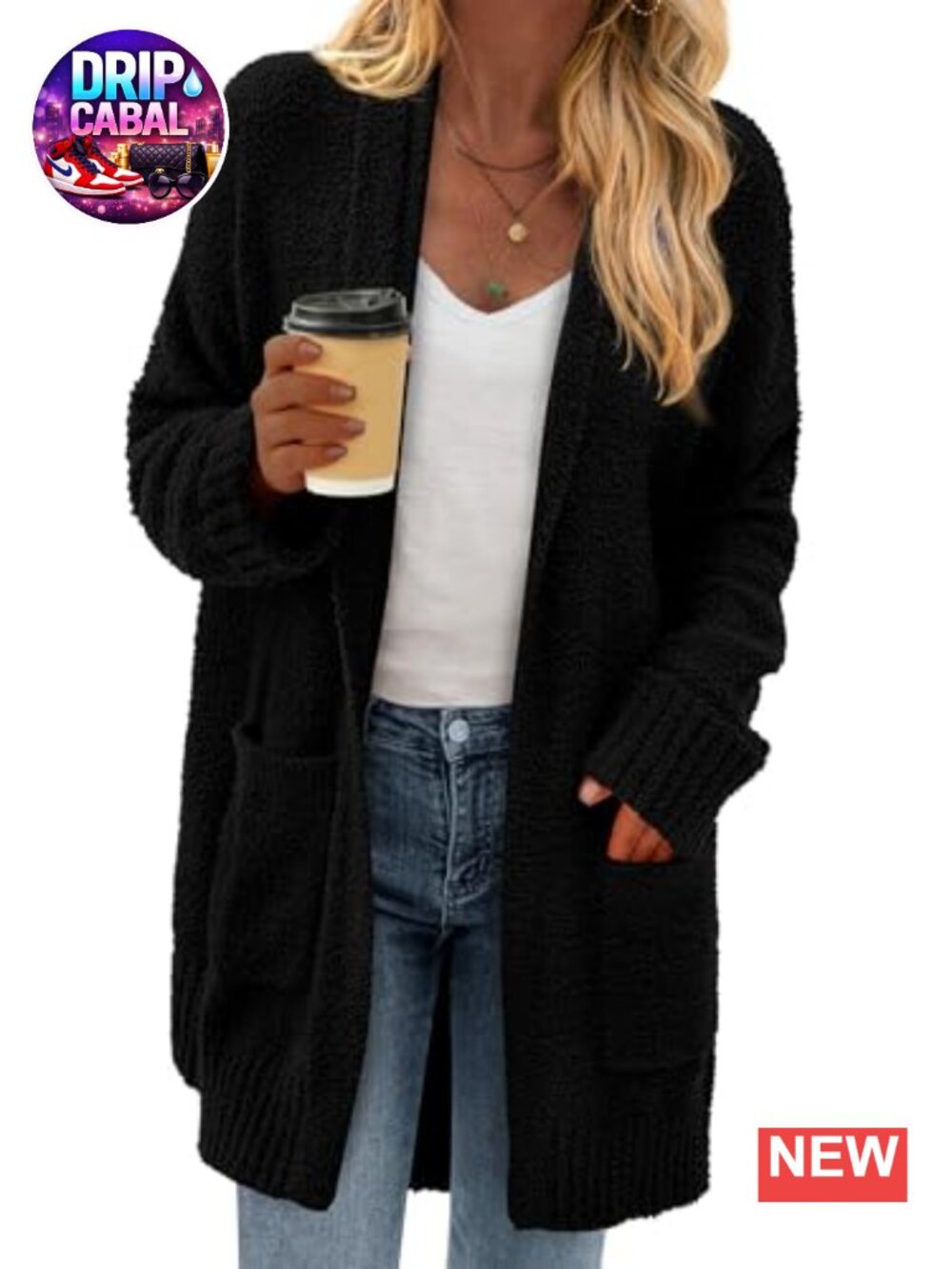 Chunky Fuzzy Knit Long Cardigan Sweater with Pockets Oversized Open Front Fall